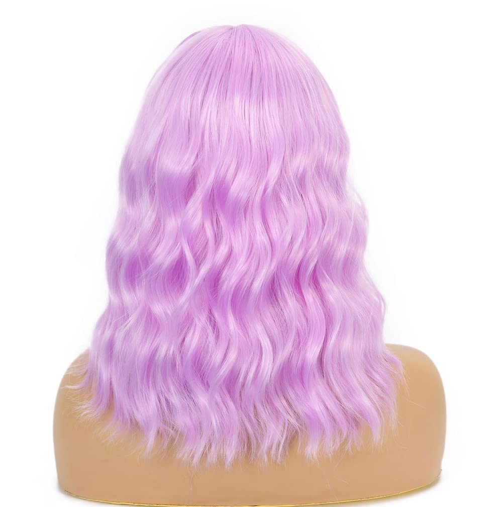 Sharebeauty Synthetic Bob Wig for Women Natural Wavy Curly Full Wig with Bangs Pinkish Purple