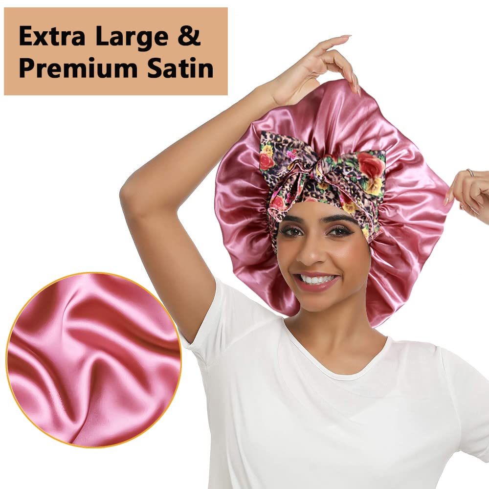 2pcs Large Silky bonnets with tie band Braid Bonnet, Satin Bonnet for Sleeping Curly Hair, A