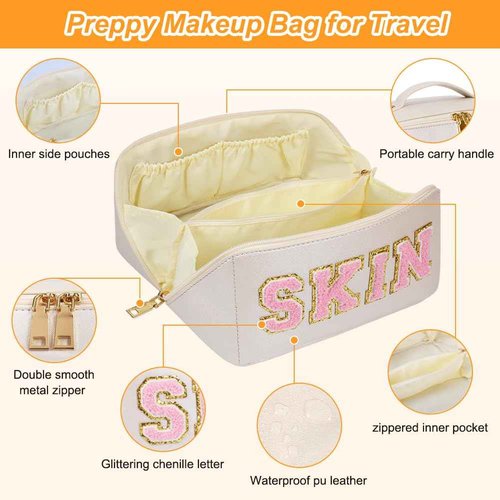 JOINDO Large Capacity Skincare Bag, Chenille Letter Preppy Makeup Bag, PU Leather Large Capacity Travel Cosmetic Bag with Divider and Handle, Gift for Women