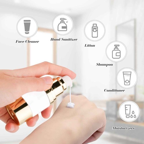 BOSMIOW 4Pcs 15ml/0.5oz Clear Plastic Airless Pump Bottles with Gold Head Empty Refillable Vacuum Cosmetics Sample Storage Jars for Lotion,Shampoo,Hand Soap,Face Cream