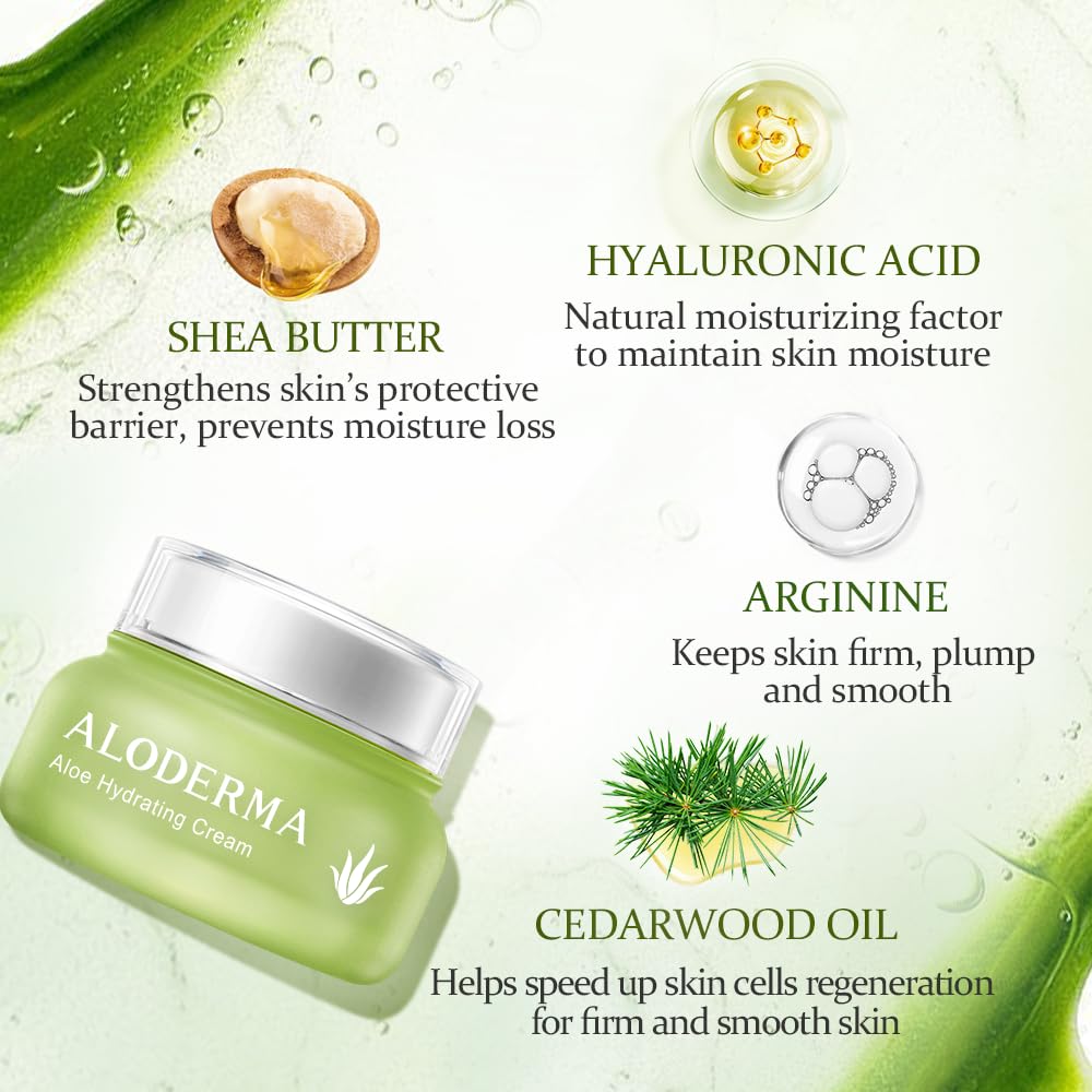 Aloderma Hydrating Face Cream for Dry Skin Made with 70% Organic Aloe Vera - Natural Hydration with Hyaluronic Acid & Arginine - Nourishing Aloe Vera Face Cream - Moisturizing Dry Skin Cream, 1.7oz