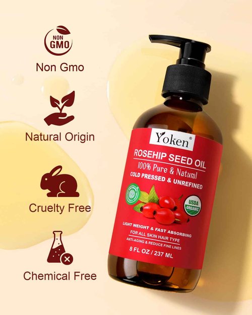 Yoken Rosehip Seed Oil Organic, USDA Certified 100% Pure Rosehip Oils for Face, Hair & Body, 8 fl oz Cold Pressed Rose Hip oil for Skin Moisturizing, Scar Fading, Gua Sha, Massage, Carrier Oil DIY