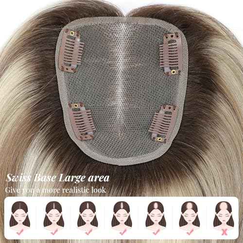 Human Hair Topper 12Inch 4x4.8inch Large Swiss Base with Thinning Hair (Ombre Light Brown with Blond Highlight)
