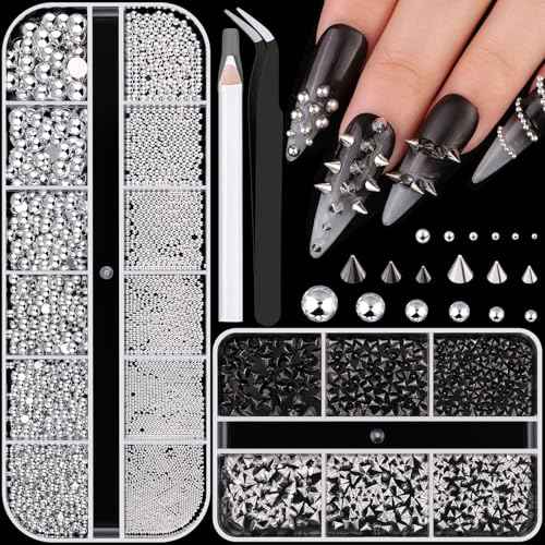 3D Mini Punk Nail Studs Cone Spike Alloy Rivets (Black+Silver), Flatback Nail Pearls and Round Steel Balls Beads(Silver), Goth Nail Charms and Gems for Nail Accessories