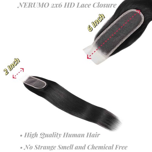 2x6 HD Lace Closure Straight Human Hair 16 Inch 2 by 6 HD Lace Closure 100% Brazilian Virgin Unprocessed Middle Part Human Hair Kim K Closure With Baby Hair Natural Color
