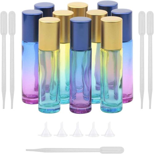 Ellbest 10ml Rolling Glass Bottle for Essential Oil 10pcs Colorful Roller Bottles with Stainless Steel Roller Balls & Funnels & Dropper for Travel, Carrying Outside (Gradient Colors)