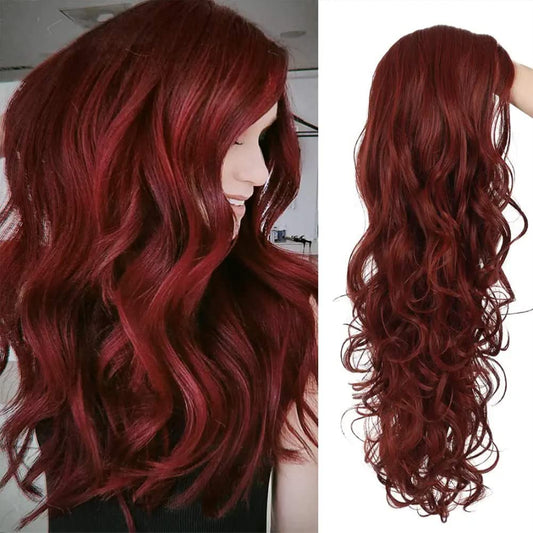 Kaneles Burgundy Curly Long Wigs for Women Wave Wig Wine Red Synthetic Wigs Middle Part Wigs Heat Resistant Fiber Halloween Cosplay Party Full Wigs(Wine Red)