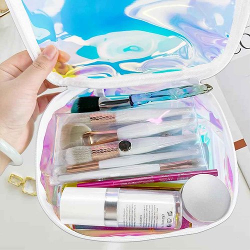 TotePrint TPU Holographic Clear Makeup Bags Bulk,Clear Storage Bag Toiletry Pocket Portable Zippered Iridescent Pouch Waterproof Cosmetic travel Bags with white zipppe for Women