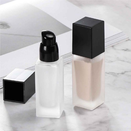4Packs 30ml/1oz Frosted Glass Foundation Bottles Portable Lotion Dispenser Pump Bottles Empty Refillable Square Liquid Bottle With Press Pump For Essence, Sunscreen, Barrier Cream, Lotion, BB Cream