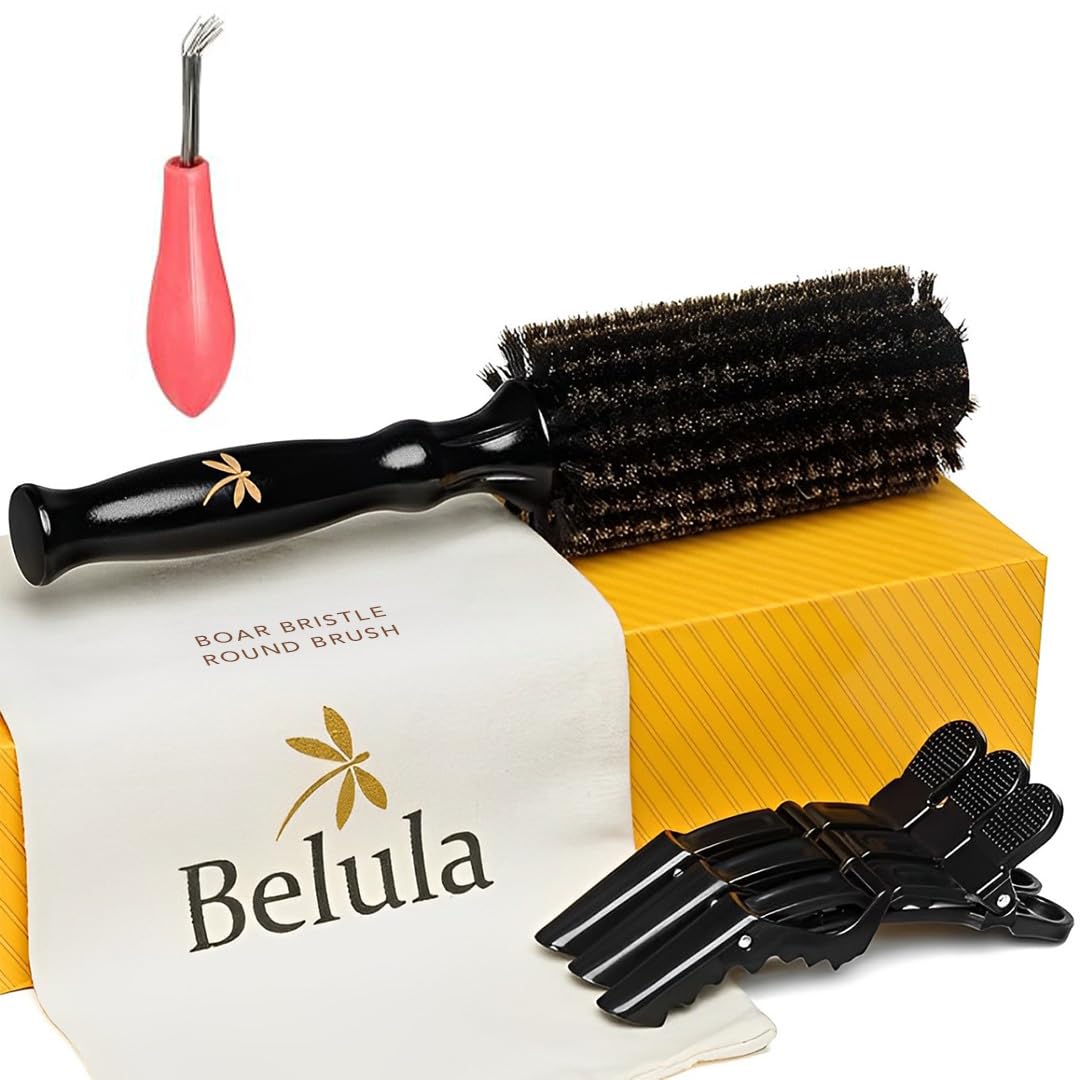 Belula 100% Soft Boar Bristle Round Brush for Blow Drying Set. Round Hair Brush With Large 2.4” Wooden Barrel. Hairbrush Ideal to Add Volume and Body. Free 3 x Hair Clips & Travel Bag