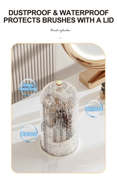 Makeup Brush Holder with Lid 360° Rotating, Clear Dustproof & Waterproof Make Up Brush Holder Organizer, Transparent Makeup Brush Organize