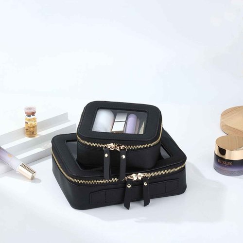Valleycomfy Clear Cosmetic Bag Set Travel Toiletry Bag Set,Clear Makeup Organizer Bag with Visual Window Double Zipper,Black