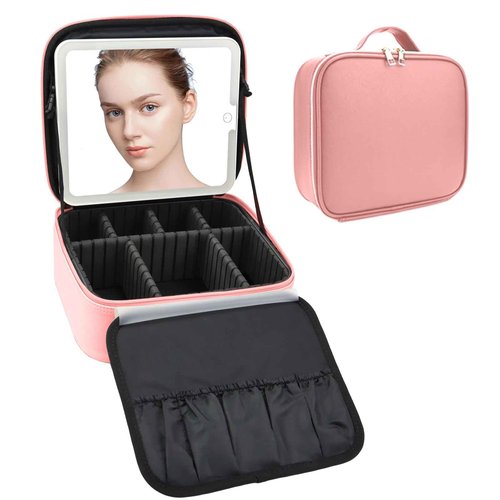 SLUMAZI Travel Makeup Bag with LED Mirror Travel Makeup Organizer with 3 Lighted Settings, Adjustable Dividers and Makeup Brush Storage Bag Pink