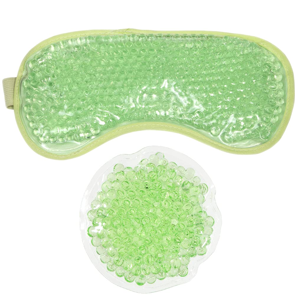 HOT +Cold Aqua Pearls Plush Eye Mask with Soft Plush Backing and Fully Adjustable Strap, Bonus Mini Round pad-2PACKS(Green, Eye Mask+ Mini Round Pad)