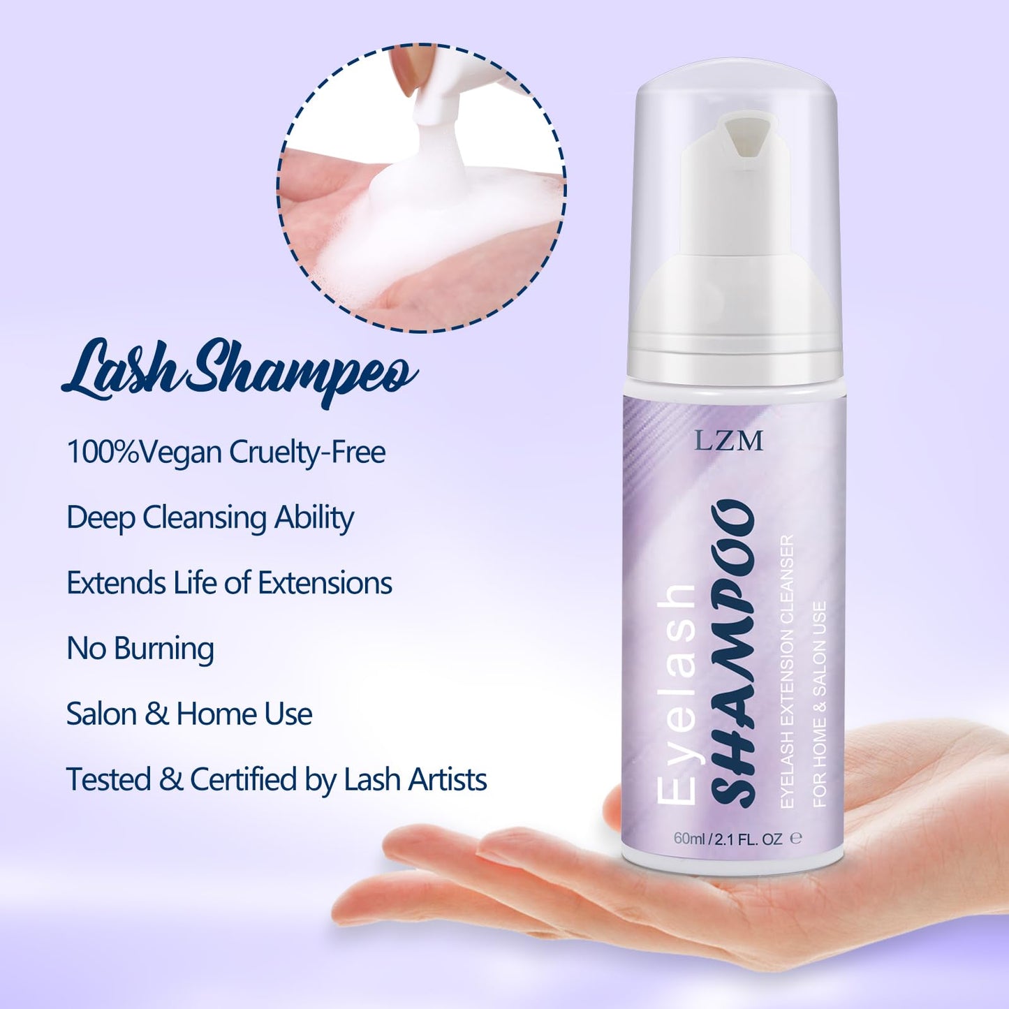 LZM Lash Shampoo Kit Lash Cleaning - Lash Wash Cleaning Kit with Fan for Cluster Lash/Eyelash Extensions/False Lash, Lash Bath, Lash Foam, Lash Soap, Lash Care, Wash Bottle, Sulfate & Oil Free, 60ml