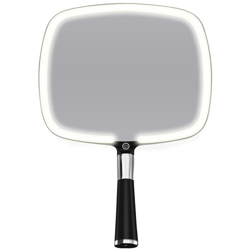 MIRRORVANA Lighted Travel Makeup Mirror - 2 in 1 Handheld & Tabletop LED Mirror with 3 Light Modes, Detachable Stand, and Comfy Handle - 9" x 13" (Black)