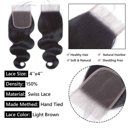 4x4 Lace Closure Body Wave Human Hair Transparent Lace Closure Human Hair 100% Unprocessed Brazilian Virgin 150% Density Body Wave Natural Black 22Inch