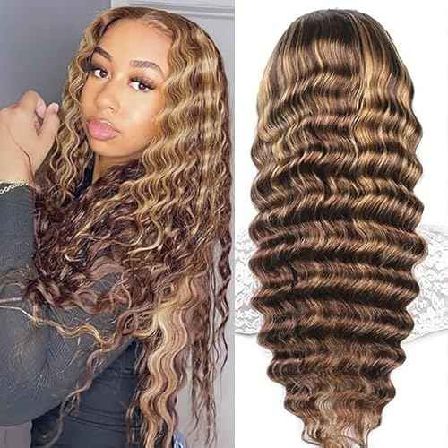 4/27 Deep Wave Lace Front Wigs Human Hair Honey Blonde Highlight Ombre Wigs Human Hair for Women 180 Density 13x4 HD Transparent Lace Frontal Wigs Pre Plucked with Baby Hair 22 Inch