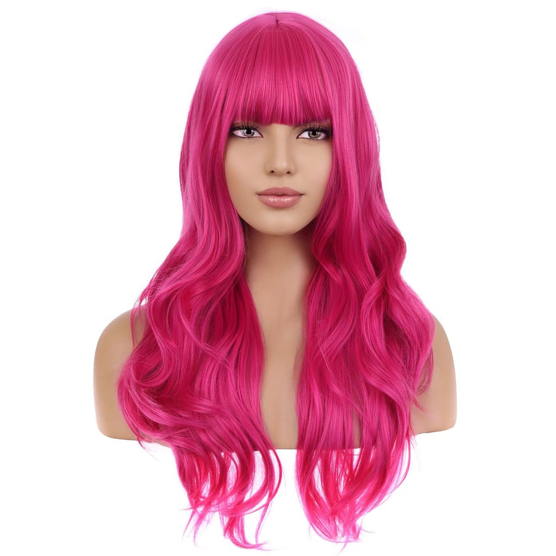 BERON 26 Inches Hot Pink Wig Long Wavy Wig with Bangs Synthetic Wig Long Wig Rose Red Wigs for Daily Party with Wig Cap