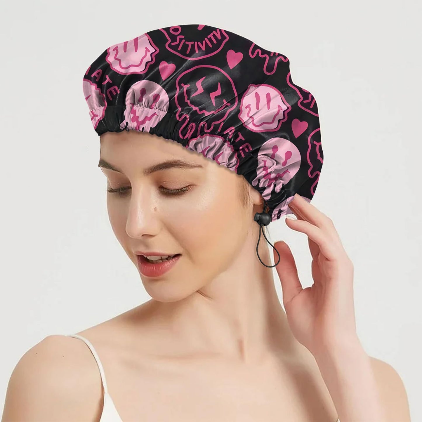 BHAHB 2 PCS Shower Cap Reusable Waterproof Double Layer Elastic Adjustable Hair Bath Caps Cute Aesthetic for Women Girls-Black Pink Checker