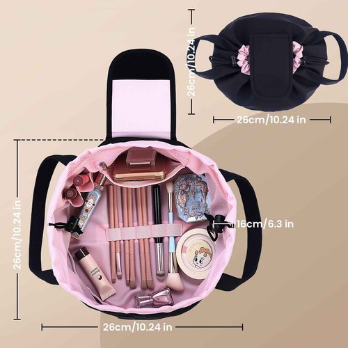 Lay Flat Drawstring Makeup Bag,Travel Cosmetic Organizer for Women,Large Capacity Toiletry Bag,Portable Open-Flat Design for Skincare and Makeup Brushes (Pink)