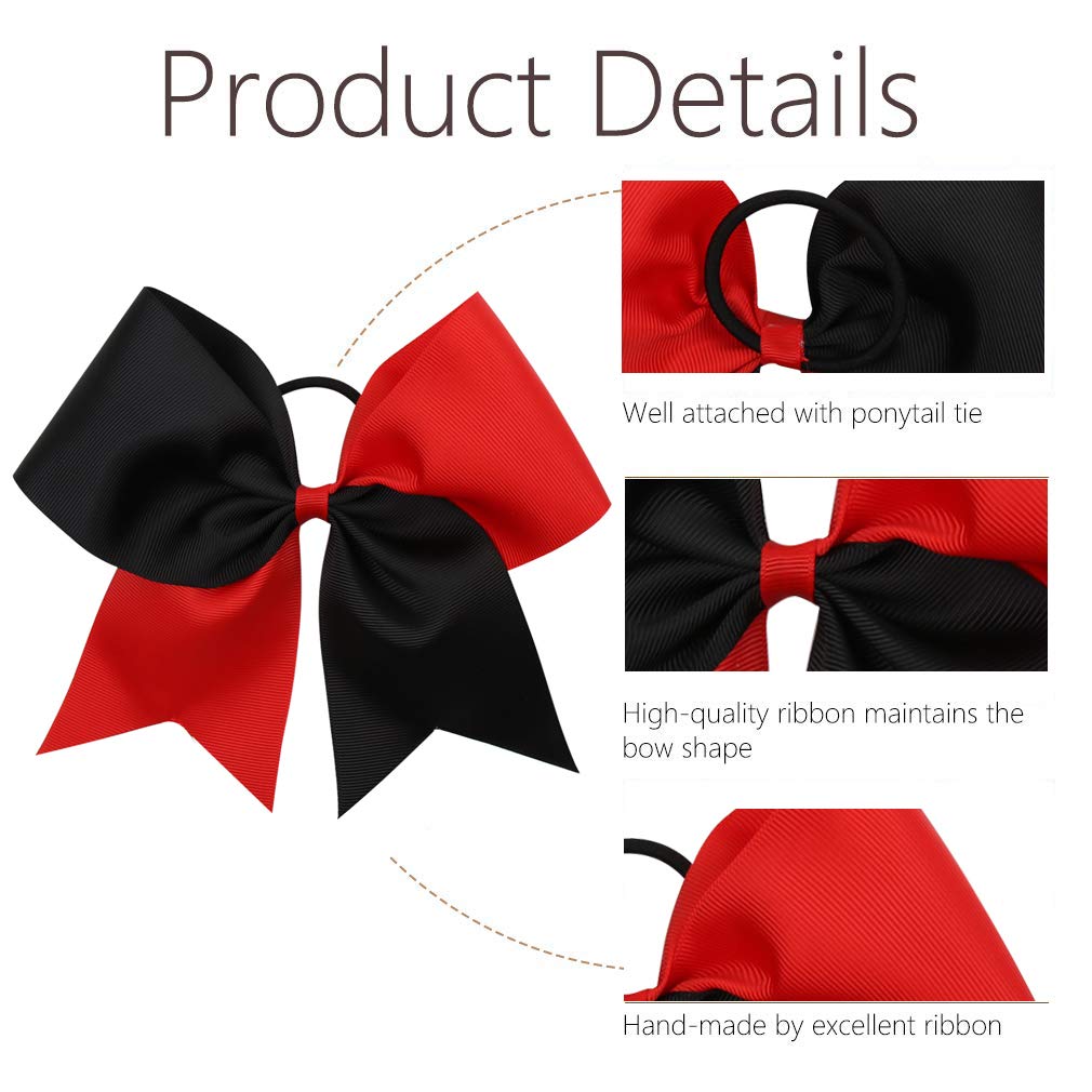 16PCS 8" Large Cheer Hair Bows Ponytail Holder Elastic Band Handmade for Cheerleading Teen Girls College Sports (Red/Black, 16 Count (Pack of 1))