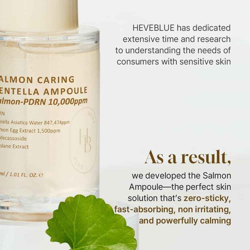 HEVEBLUE Salmon Caring Centella Ampoule - Salmon PDRN, Salmon Egg Extract, Centella, Madecassoside, Calming, Soothing, Restore and Rejuvenate, Sensitive Skin, Korean Skincare