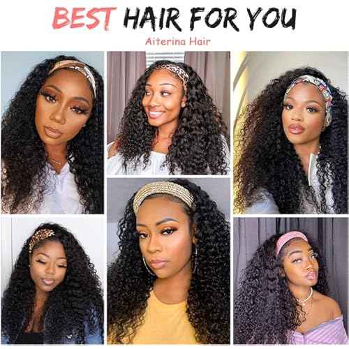 Human Hair Wig Deep Wave 16 Inch Headband Wig Curly Hair Wig Machine Made Wig Non Lace Front for Women Natural Color