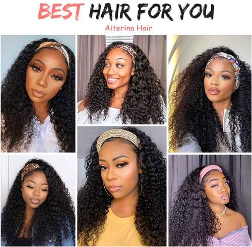 Aiterina Deep Wave Headband Wig 10 Inch Glueless Human Hair Wigs Machine Made No Lace Curly Hair Wigs Headband Wig Natural color