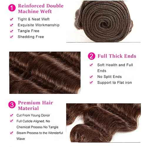 Color 4 Human Hair Bundles Chocolate Brown 22 24 26 Inch Chocolate Brown 4# Deep Wave Bundles Human Hair Extension 12A Unprocessed Soft Sewn In for Black Women with Double Weft