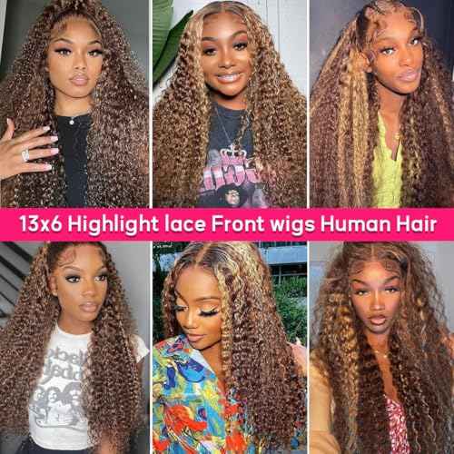 Juvid Highlight Ombre 13x6 Lace Front Wigs Human Hair 4/27 Honey Blonde Deep Wave Curly Human Hair Wig HD Transparent Frontal 180% Density Glueless Wig 20inch for Black Women Pre Plucked Hairline