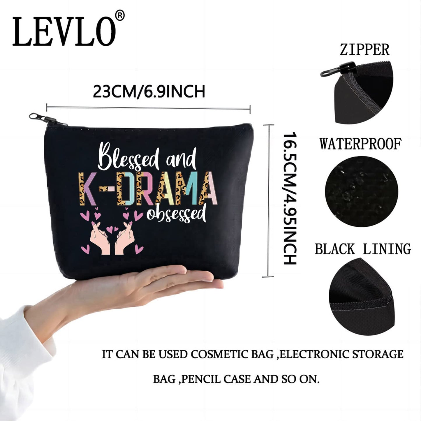 LEVLO Korean Drama Cosmetic Make Up Bag K-Drama Lover Gift Blessed And K-DRAMA Obsessed Makeup Zipper Pouch Bag (K-DRAMA Black)