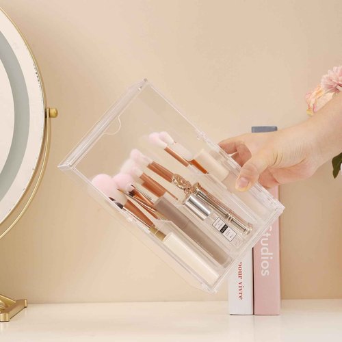 LOHRYVIO Acrylic Makeup Brush Holder with Slanted Flip-Top Lid - Clear Dustproof Cosmetic Make up Brush Organizer and Storage Box - Large Capacity 17-Slots Container for Vanity Brushes (Transparent)