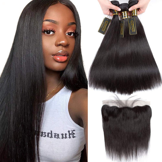 QTHAIR 14A Grade Brazilian Straight Human Hair Bundles With HD Lace Frontal(16 18 20+16in) 13x4 Ear to Ear Lace Frontal 100% Unprocessed Virgin Human Hair Natural Color