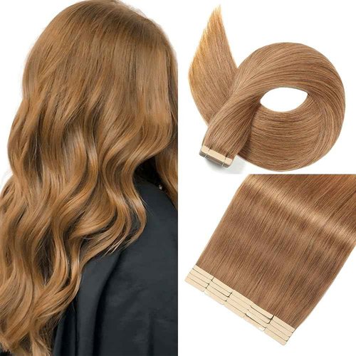Golden Brown Tape in Hair Extensions Human Hair,14 Inch Human Hair Tape in Extensions 20Pcs Tape Ins Human Hair Extensions for Women Seamless Tape in Hair Extensions Real Human Hair