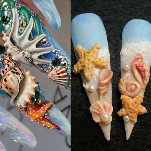 3D Nail Art Molds Mini Size Silicone Mold Ocean Themed Sea Shell Starfish Conch Turtle Seahorse Carving Template Resin Mould for Jewelry Making Embossed Stencils
