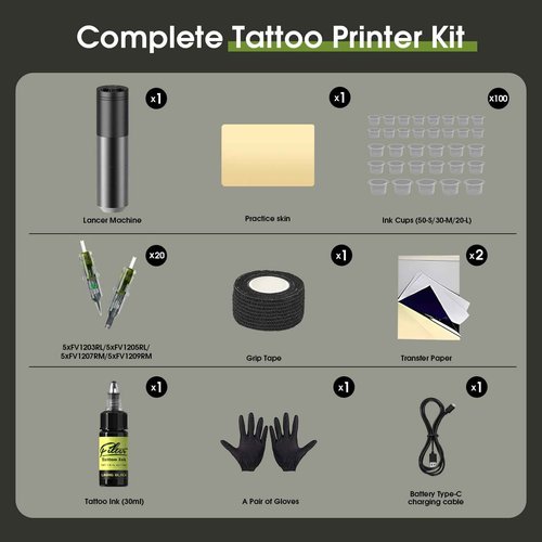 Filter Tattoo Gun Kit - Tattoo Kit Complete with Rotary Machine Pen, 1500mAh Battery Power Supply, 20Pcs Cartridge Needles for Beginners and Artists (Grey)