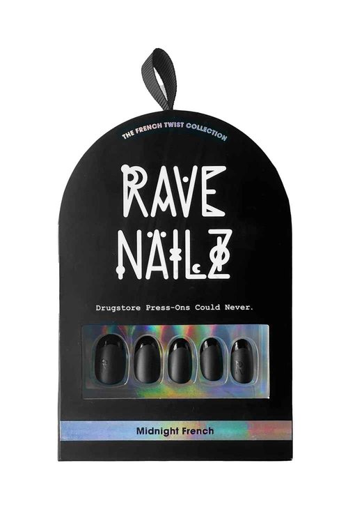 Rave Nailz Midnight French Tip Press On Nails (24 Count) | Matte Black 3D False Oval Press On Nail Short with Glossy Tip | Chip-Resistant Fake Nails with Glue, Includes File, Long-Lasting 2+ Weeks