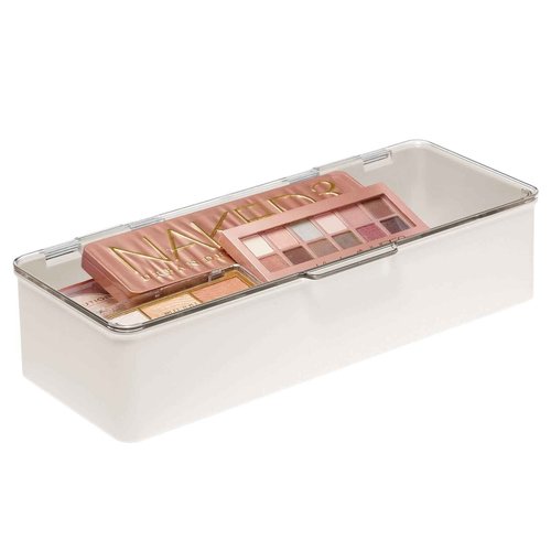 mDesign Long Plastic Cosmetic Storage Organizer Box Containers, Hinged Lid for Bedroom, Bathroom Vanity Shelf or Cabinet, Holds Masks, Palettes, Lotion, Nail Polish, 2 Pack, Cream/Beige/Clear