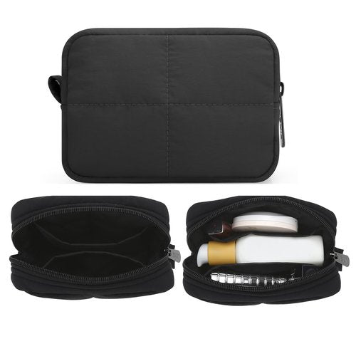 JINSI Small Makeup Bag for Purse, Quilted Travel Cosmetic Bag, Zipper Cosmetic Pouch Organizer Toiletry Bag, Make Up Bags for Women Girls, Black
