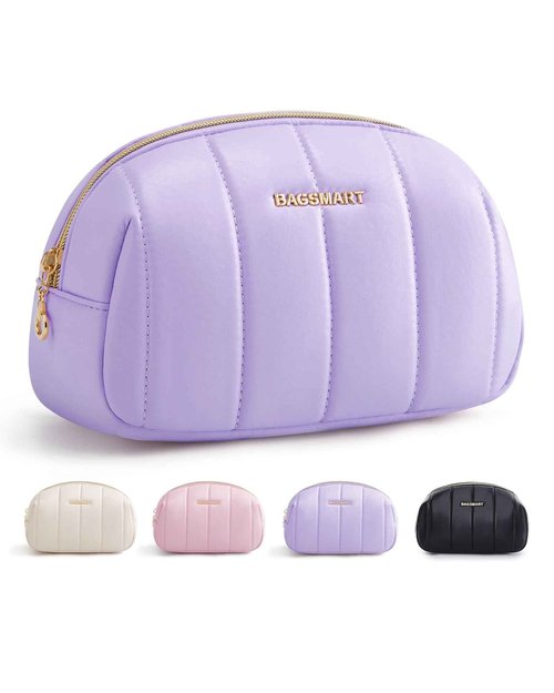 BAGSMART Small Makeup Bag PU Leather Travel Makeup Bag Organizer Makeup Pouch, Portable Cosmetic Bags for Women, Cute Make Up Bag for Travel Size Toiletries Accessories Brushes (Purple)