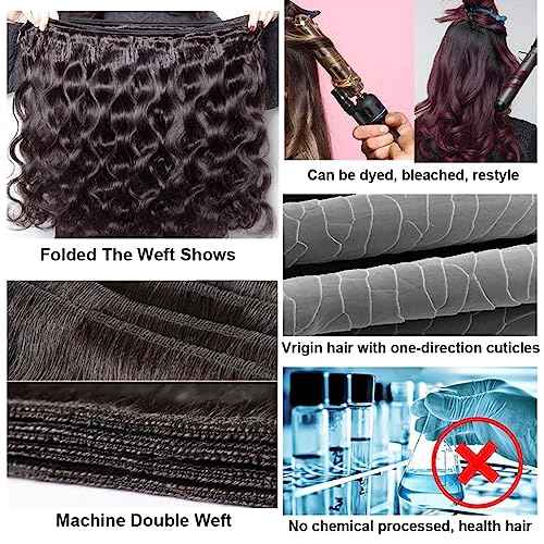 Body Wave Bundles Human Hair 18 20 22 24 Inch 4 Bundles Human Hair 12A Unprocessed Brazilian Virgin 100% Real Human Hair Bundles Double Weft Natural Black Color Hight Gram Hair Extensions