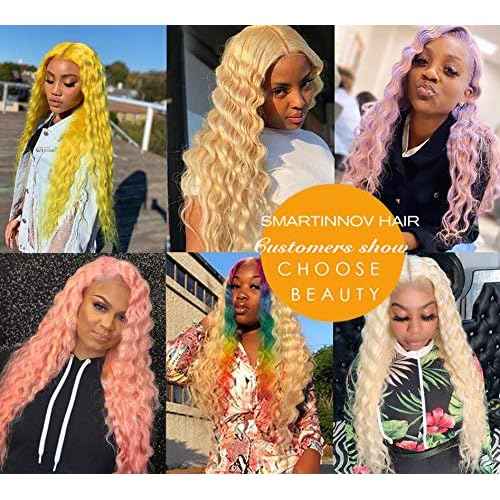 613 Lace Front Wig Human Hair Pre Plucked with Baby Hair Deep Wave Blonde Virgin Hair Pre Plucked 13x6 HD Transparent Frontal Wigs with Baby Hair 24 Inch 150% Density Glueless Curly Wigs for Women