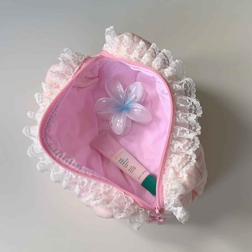 SINOKAME Handmade Pink Cute Quilted Makeup Bag, Lace Coquette Cosmetic Bag Fluffy Soft Reusable Toiletry Pouches Organizer, Reusable Washable Bags for Women Gifts(sweet angel)