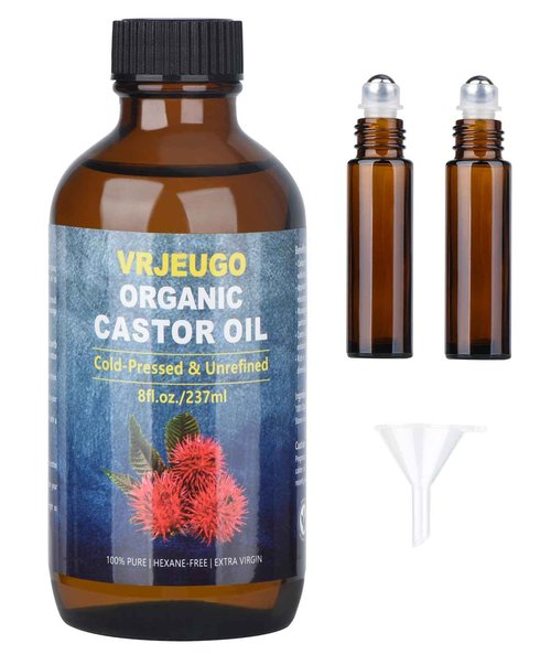 VRJEUGO Organic Castor Oil for Face Roll On，Rollerball Deep Hydration for Skin Care and Hair, Castor Oil Organic Cold Pressed Unrefined Glass Bottle 8oz with 2 Roller