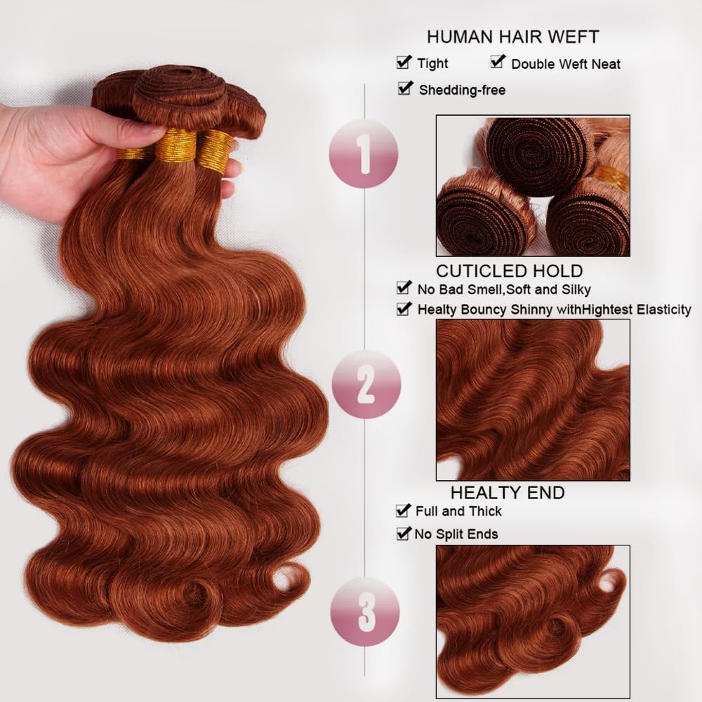 Reddish Brown Bundles Color #33 Body Wave Human Hair Bundles 24 24 Inch Grade 8A Remy Hair 2 Bundles Copper Red Body Wave Bundles Hair Extensions Auburn Human Hair Bundles