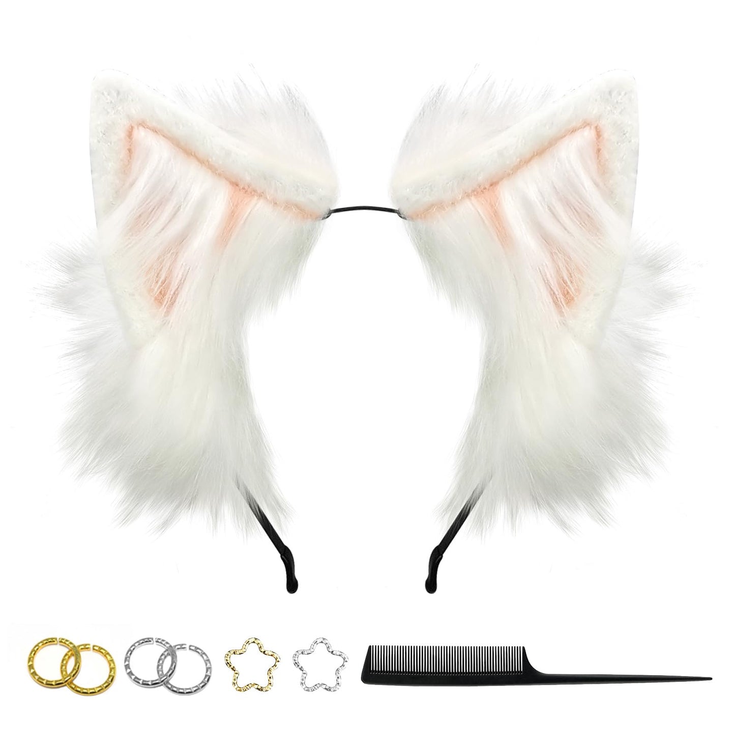 GaliaFaya Cat Wolf Fox Dog Ears Headband Handmade Long Faux fur Cosplay Halloween Costume Party (White and Pink)