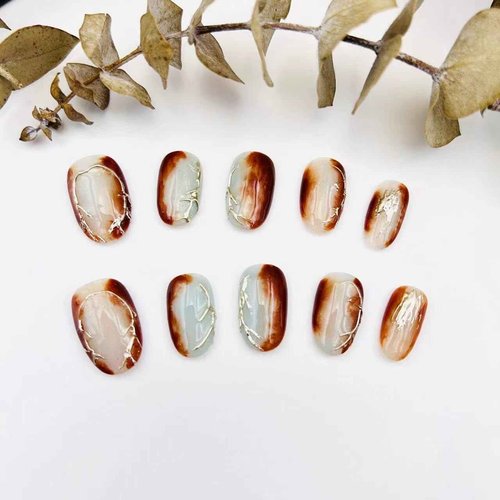 Press on Nails Fake Nails Acrylic Brown With Design Medium Length Handmade Painted By Artist For 3d Effect Pink Cat's Eye Glitter Nail Kit with Nail Glue for Women and Girls 10pcs-Medium