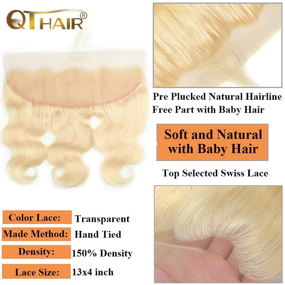 QTHAIR 14A #613 Honey Blonde Body Wave 13x4 Lace Transparent Lace Frontal Brazilian Body Wave Human Hair 12 inch Pre-plucked 100% Human Hair for Black Women