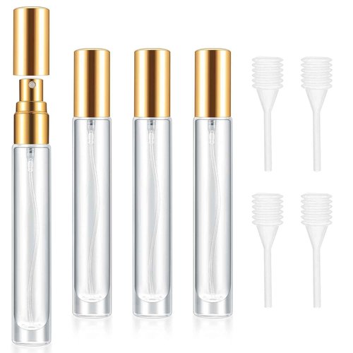 qiwuhai 4 Pcs 10ml/3oz Fine Mist Glass Atomizer Bottles, Mini Refillable Spray Bottles, Small Empty Spray Bottles, Portable Sample Containers Sample Vials for Travel Essential Oil (Gold)